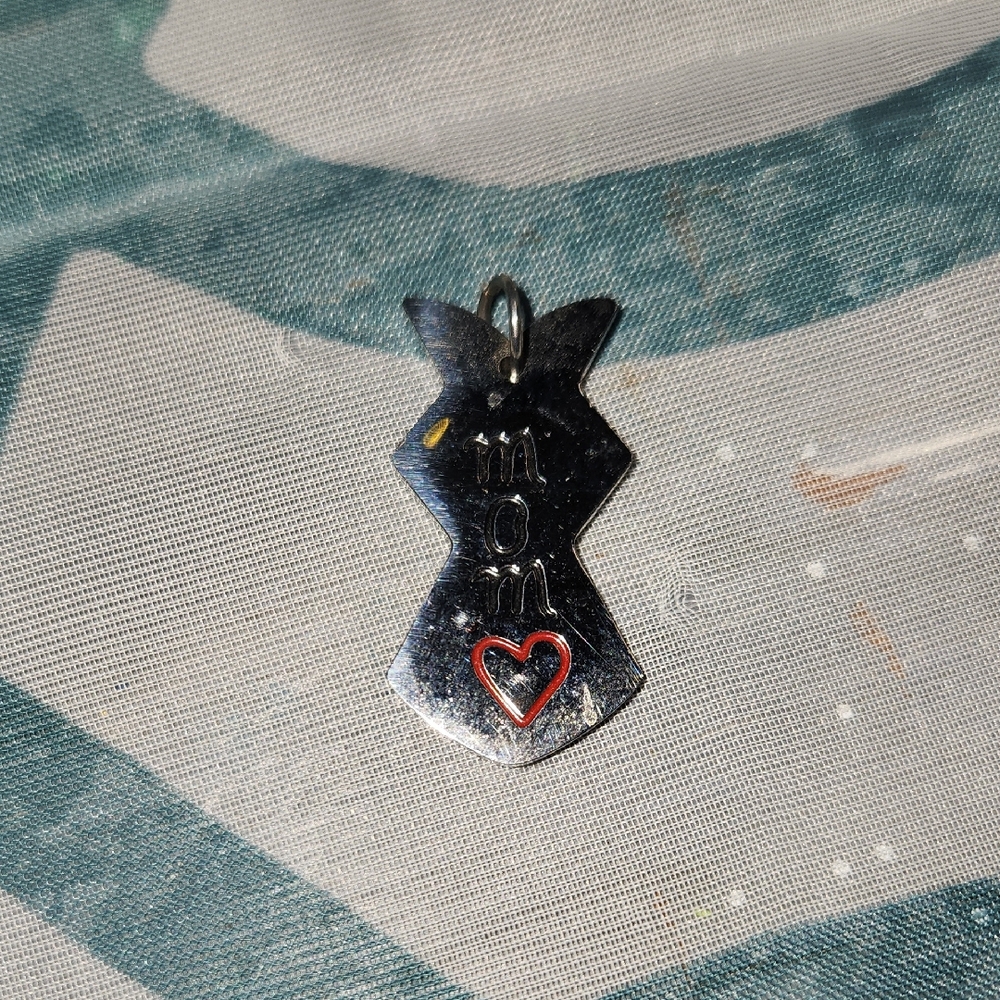 Silver 'Mom' Pendant with Red Heart